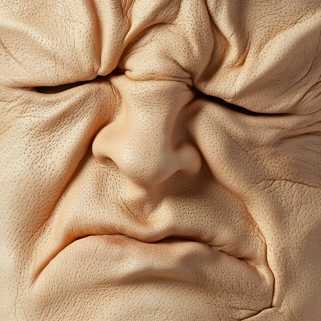 A close-up image reveals a textured, sculpted face, exhibiting a grimace.  The skin is heavily wrinkled and creased, suggesting age or distress. The expression is one of displeasure or discomfort, with tightly pursed lips and furrowed brows. The detail emphasizes the skin's texture and the intensity of the facial expression.
