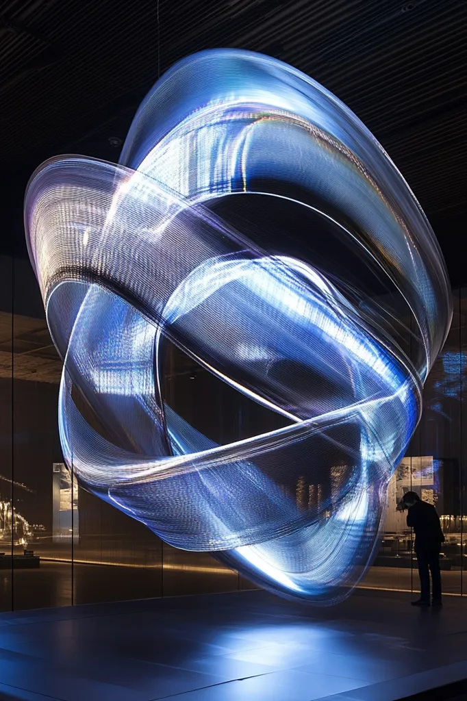 A mesmerizing light sculpture dominates the scene, its swirling, luminous forms resembling a celestial nebula.  Threads of light intertwine and loop, creating a sense of dynamic movement and ethereal beauty. The sculpture is displayed in a dark, modern gallery space, its blue and white hues contrasting sharply with the surrounding blackness. A lone figure stands observing the artwork, adding a sense of scale and wonder to the composition.