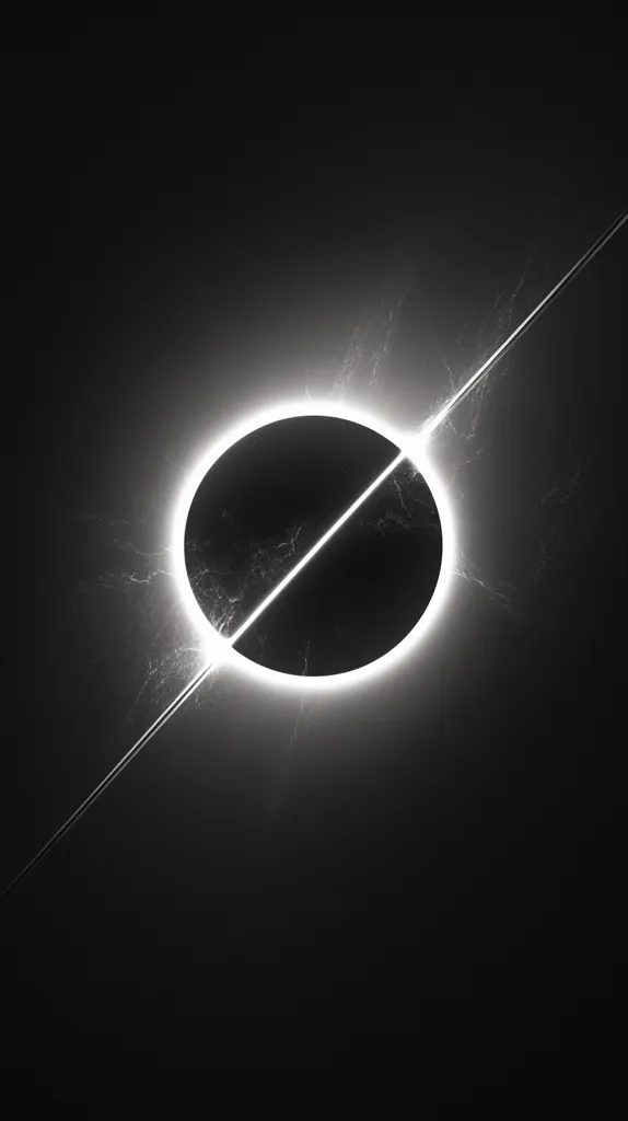 A grayscale abstract image features a bright, circular halo bisected by a diagonal line of light.  The halo encircles a dark central circle, creating a sense of division or contrast.  The background is deep black, emphasizing the bright elements and giving the image a cosmic or ethereal feel. The light appears to have a slight energy or crackle effect.