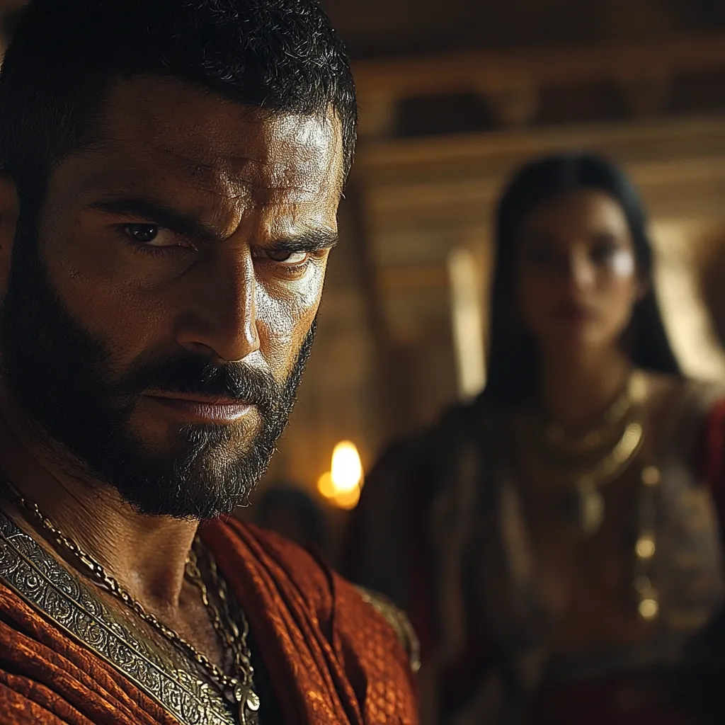 A close-up reveals a man with a stern expression, his dark eyes intense, and a full beard. He's adorned in an intricately designed orange robe and gold necklaces, suggesting a regal or powerful figure.  A woman in a blurred background, wearing ornate jewelry, adds depth to the scene.  The dimly lit setting enhances the dramatic mood of the image.