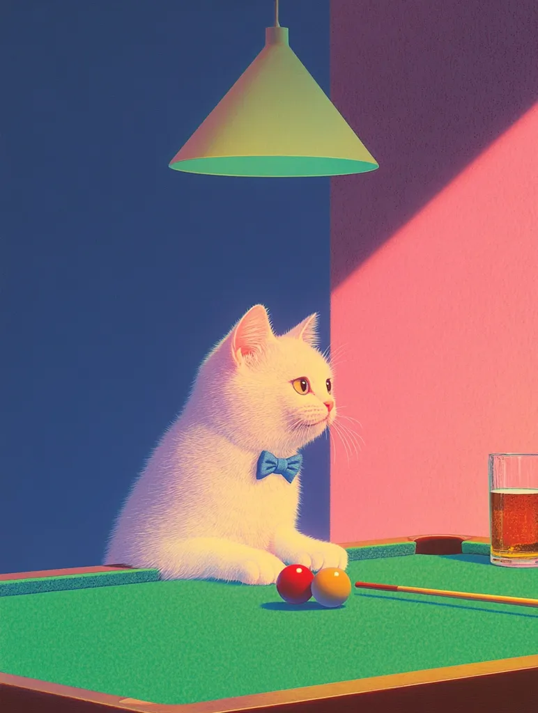 A fluffy white cat, adorned with a blue bow tie, sits at a pool table, observing two billiard balls.  A glass of amber liquid sits nearby. The scene is bathed in vibrant, contrasting colors of pink and blue, illuminated by a conical pendant lamp.  The overall style is reminiscent of pop art, with a playful and sophisticated tone.