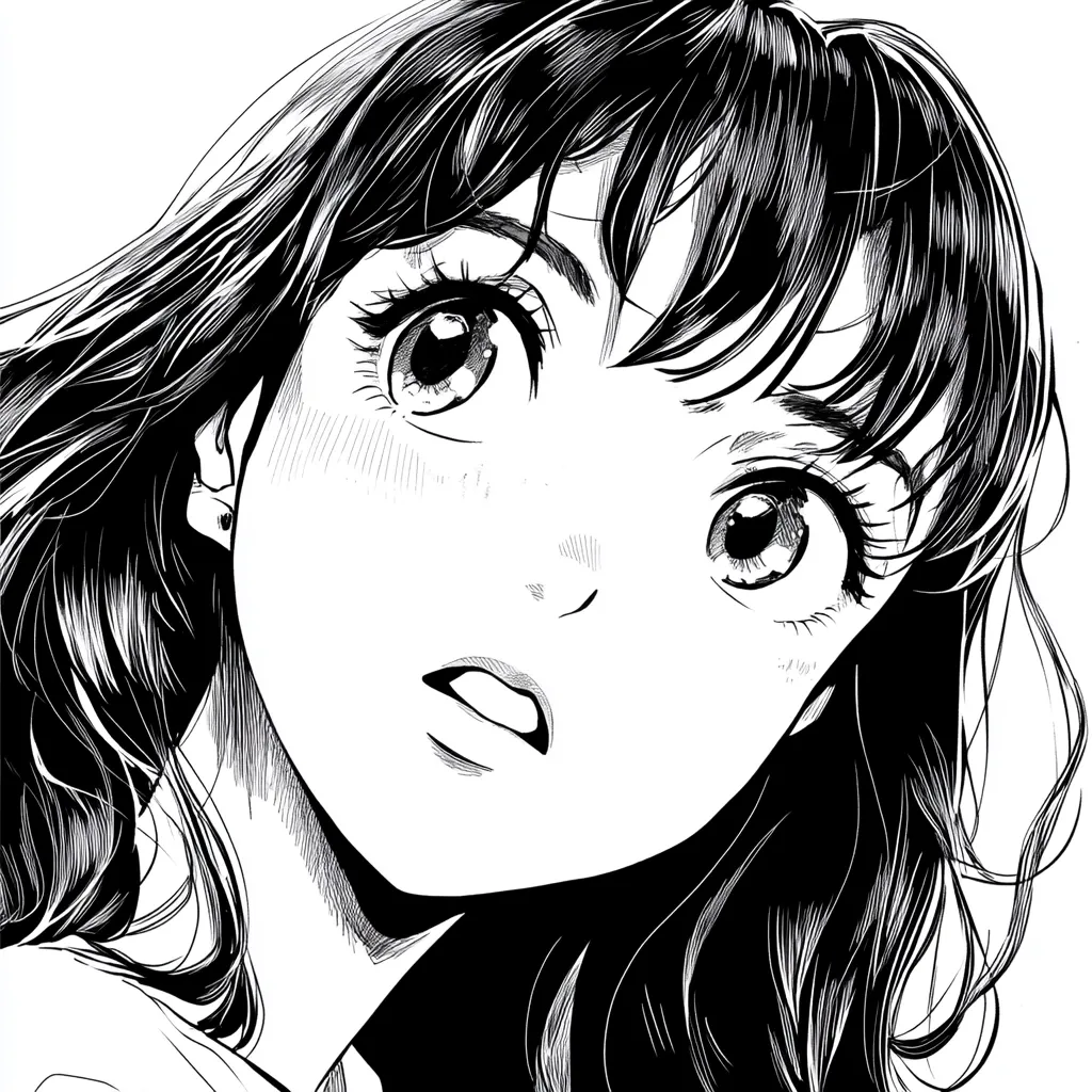 A close-up black and white illustration of a young woman's face.  Her large, expressive eyes are wide, conveying a look of surprise or concern.  Her dark hair flows around her shoulders, partially obscuring her face. The style is reminiscent of manga or anime, with detailed linework emphasizing the character's features and emotions.  Her slightly parted lips suggest she is about to speak.