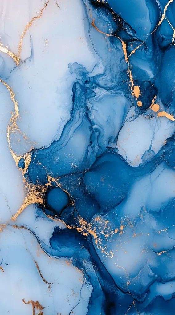 An abstract artwork featuring a mesmerizing blend of blues and gold.  Swirling patterns resemble liquid marble, with darker blues creating depth and lighter shades providing contrast.  Speckles and streaks of gold add a touch of luxury and shimmer, enhancing the fluid, ethereal quality of the piece. The overall effect is calming yet visually striking.