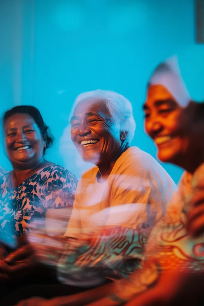 Three women are sitting together, illuminated by a vibrant blue light.  The central woman, with short, gray hair, laughs openly, her joy infectious.  The women on either side mirror her happiness, their faces bright with smiles.  The image evokes a sense of warmth, camaraderie, and shared contentment. The blurred background and warm lighting add to the intimate and joyful mood.