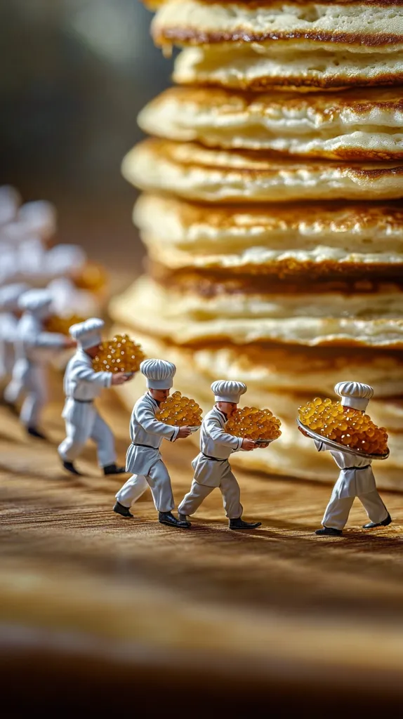 A whimsical scene depicts miniature chefs carrying trays of golden spheres, possibly caviar, towards a towering stack of pancakes.  The chefs, in pristine white uniforms, march in a line, creating a charming contrast between the tiny figures and the substantial breakfast treat. The image is sharply focused on the chefs and their cargo, with the pancake stack softly blurred in the background. The overall effect is one of playful artistry and a touch of surrealism.