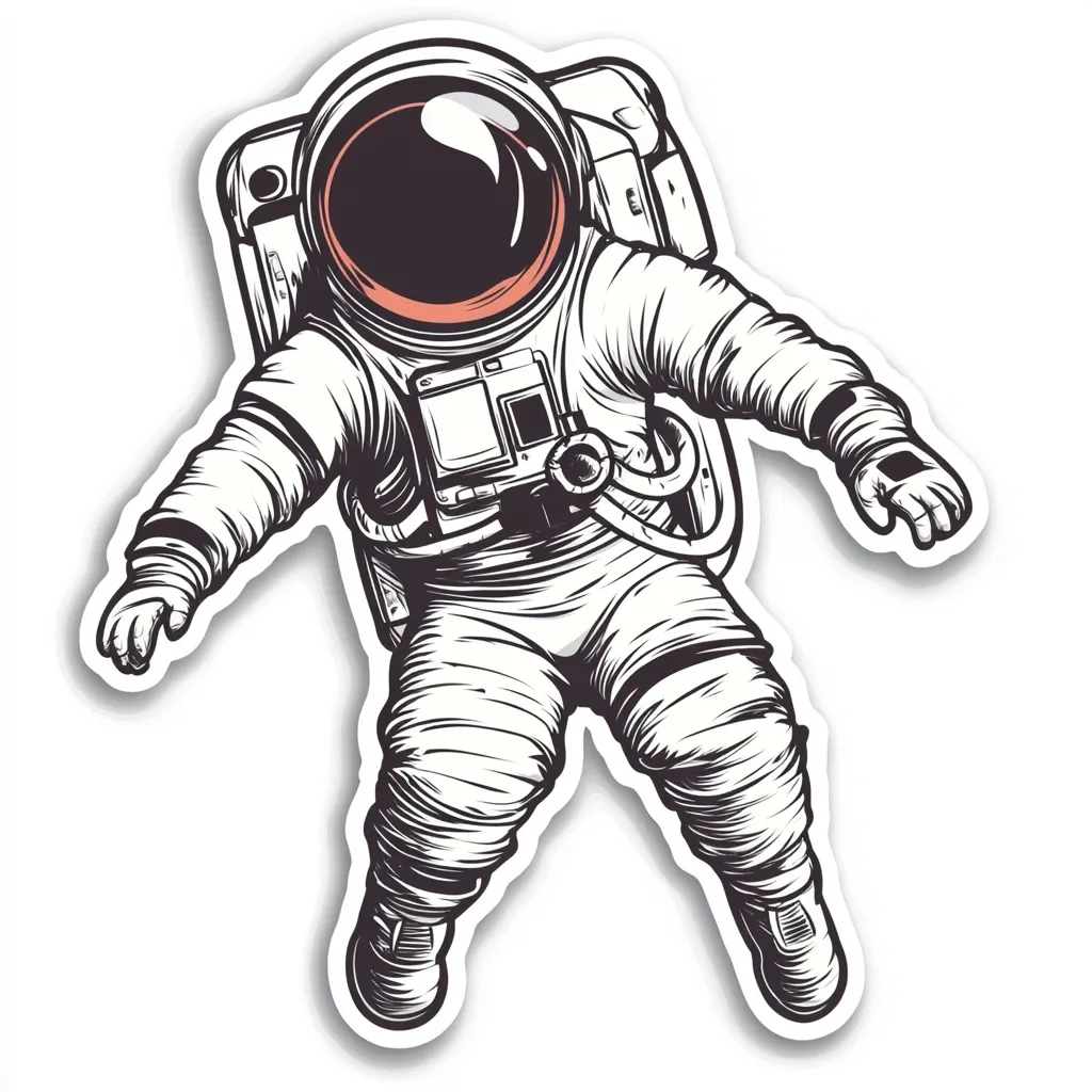 A stylized illustration of an astronaut floating in space.  The astronaut is depicted in a detailed, hand-drawn style, with shading and texture creating a vintage look. The spacesuit is intricately rendered, showing the folds and creases of the fabric. The helmet's visor reflects a dark space, and the overall image evokes a sense of exploration and the vastness of the cosmos.  The astronaut appears weightless and serene.
