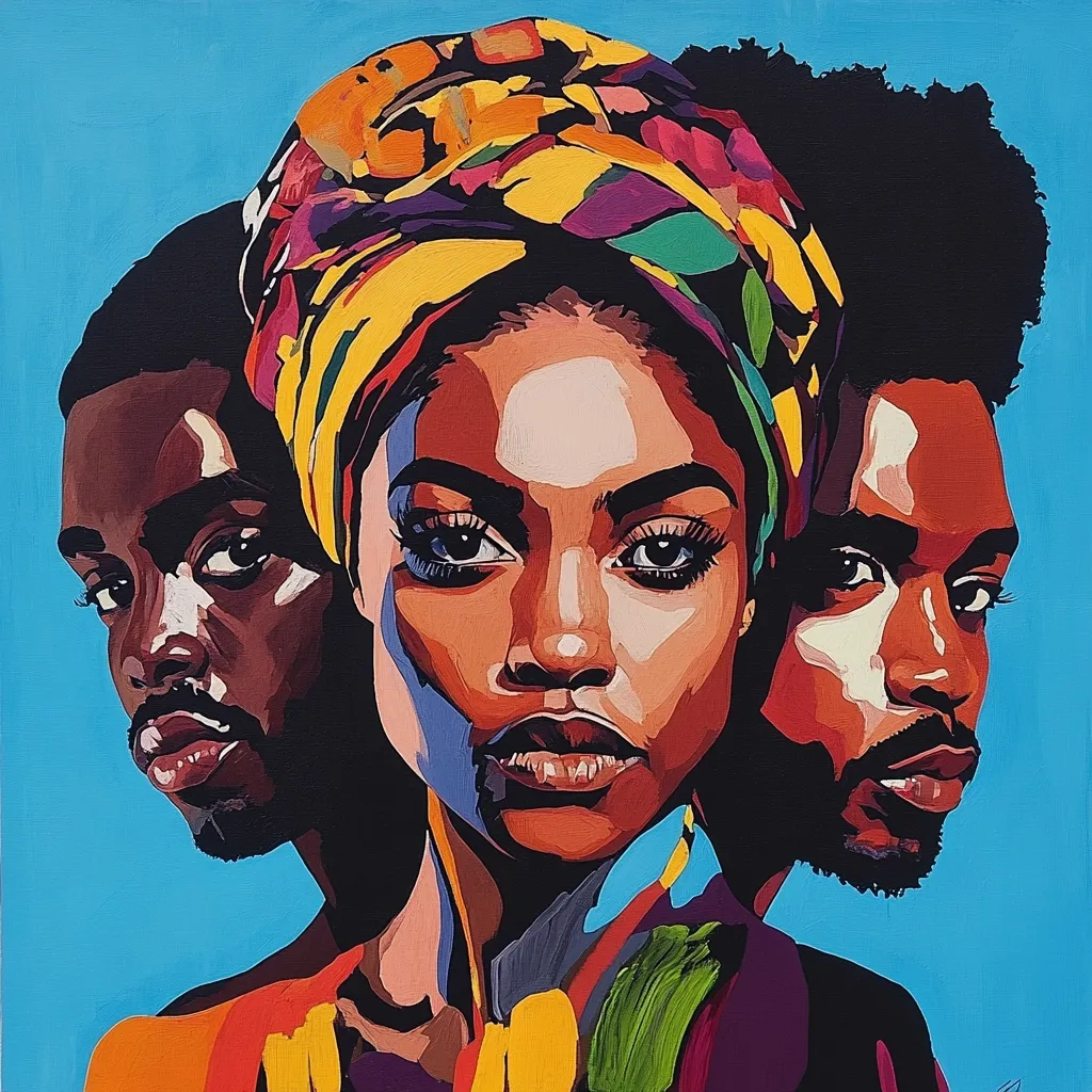 A vibrant acrylic painting showcases a woman with a colorful headwrap flanked by two men, their faces forming a unified portrait against a bright blue background.  The woman's expression is serious and direct, her gaze meeting the viewer's. Bold colors and stylized features create a striking, modern image celebrating Black beauty and possibly representing strength and unity.  The painting's style is bold and graphic, with visible brushstrokes adding to its dynamism.