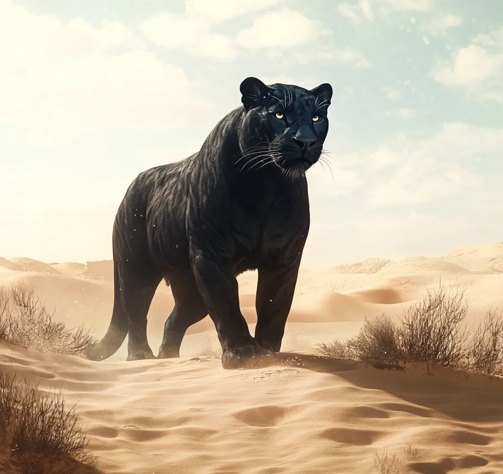 A majestic black panther strides across a sun-drenched desert landscape.  Its powerful physique and intense gaze command attention.  The sand dunes stretch to the horizon under a pale sky, creating a striking contrast against the panther's dark coat.  Sparse desert vegetation dots the scene, enhancing the feeling of isolation and wilderness. The overall image evokes a sense of mystery and raw power.