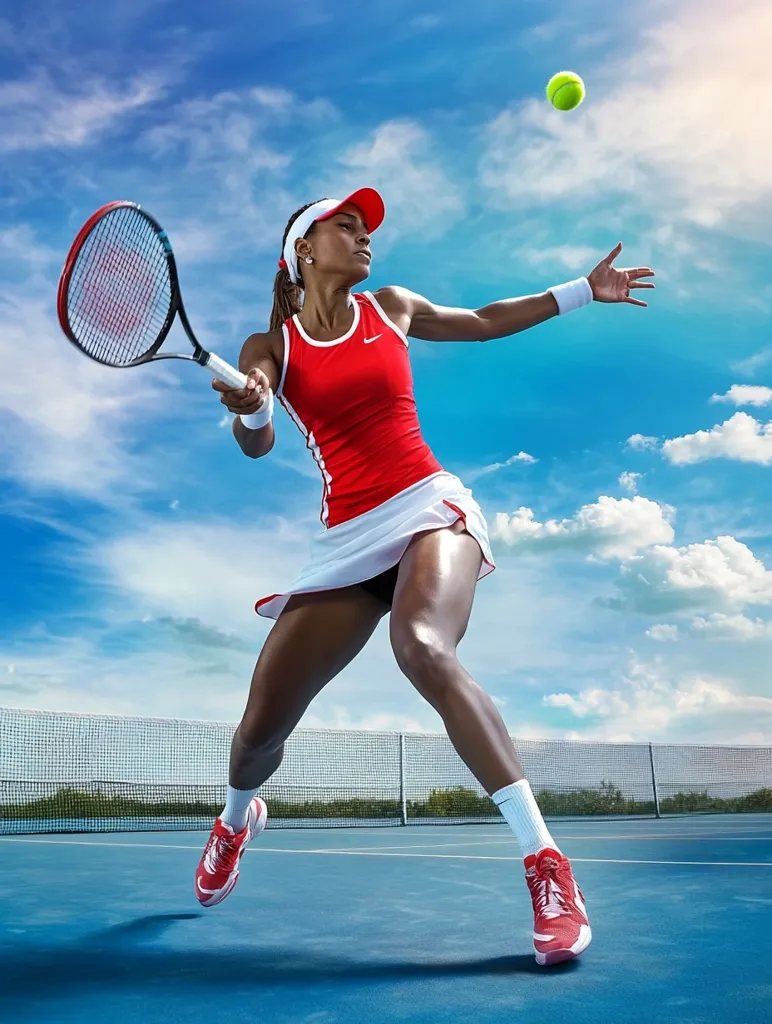 A female tennis player in a red Nike top and white skirt powerfully serves the ball.  Her athletic form is dynamic as she leaps, racket in hand, against a bright, sunny sky.  The blue court and net are visible in the background, showcasing a vibrant and energetic sporting moment.