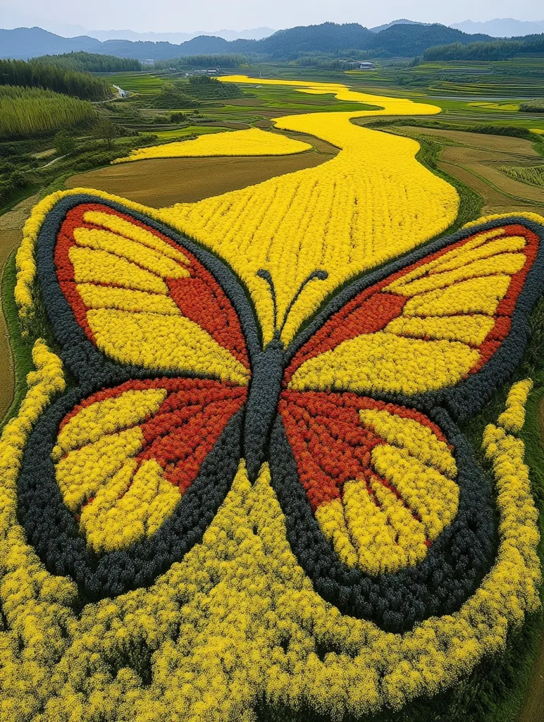 An aerial view showcases a breathtaking landscape art piece.  A giant butterfly, meticulously crafted from vibrant yellow, orange, and dark green flowering plants, dominates the scene.  The butterfly's wings spread across rolling hills, contrasting against a backdrop of verdant farmland.  The image captures the beauty of nature and human creativity intertwined.