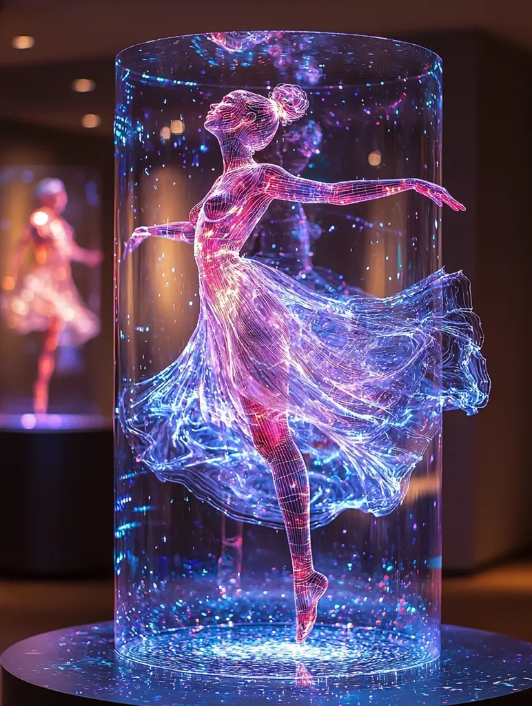 A mesmerizing sculpture of a ballerina is encased within a tall, clear cylinder.  The ballerina's form is rendered in a luminous, wireframe style, glowing with vibrant purple and pink hues.  The flowing dress adds to the ethereal beauty.  The base of the cylinder emits a sparkling light, enhancing the overall magical effect.  Another similar, but dimmer, sculpture is visible in the background.