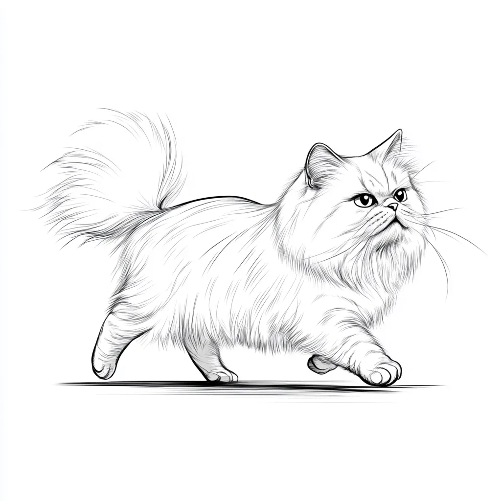 A line drawing of a fluffy Persian cat in motion.  The cat is depicted in profile, walking with its tail held high.  Its long fur is meticulously detailed, showing individual strands. The cat's expression is alert and attentive, its eyes wide. The style is elegant and emphasizes the cat's graceful movement.