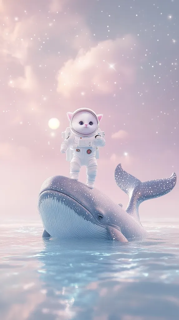 A cute white cat, dressed in an astronaut suit, stands atop a gentle whale in a serene ocean setting.  The sky is a soft pastel pink with scattered stars, creating a dreamy, whimsical atmosphere. The image evokes a sense of peace and wonder, portraying an adorable interspecies adventure against a beautiful backdrop.