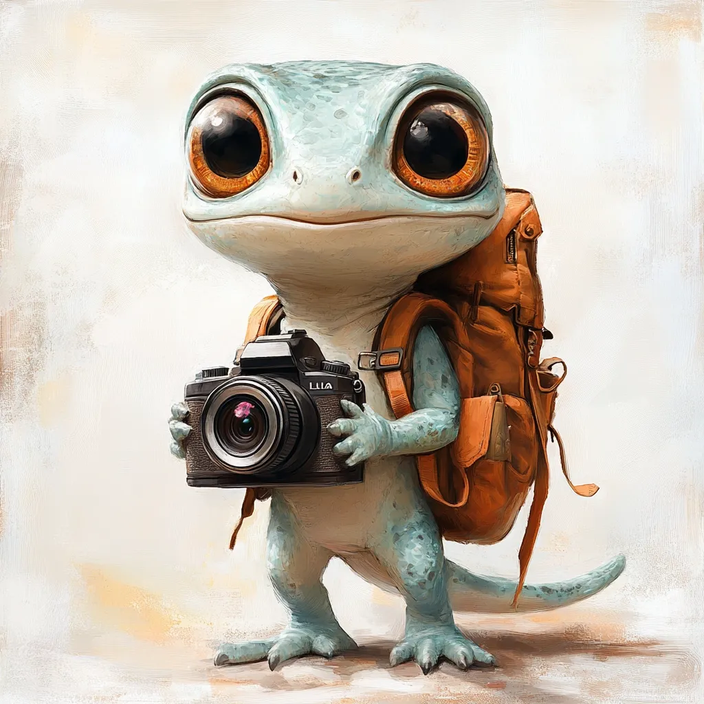 An adorable, cartoonish gecko, sporting oversized eyes and a small orange backpack, carefully holds a vintage-style camera.  Its teal-blue skin is detailed with subtle textures. The gecko's pose suggests a sense of adventure and preparedness for a journey, emphasizing its cute and endearing character. The background is a soft, muted beige.