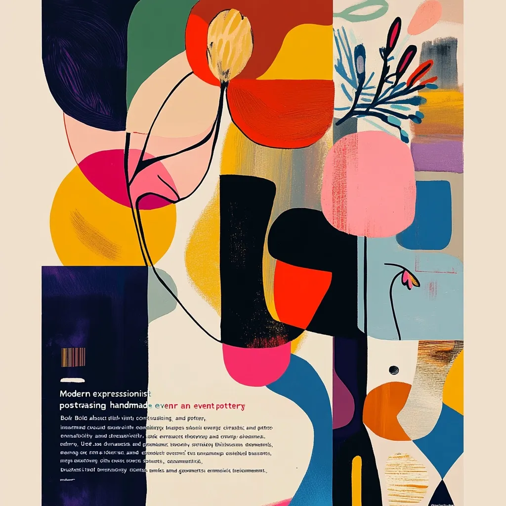 A vibrant abstract artwork in the style of modern expressionism.  Bold shapes and colors—reds, oranges, yellows, pinks—are layered and intertwined.  Organic lines suggest stylized floral elements.  The piece features a dynamic interplay of forms, creating a sense of energy and movement.  The text mentions handmade pottery and an event.