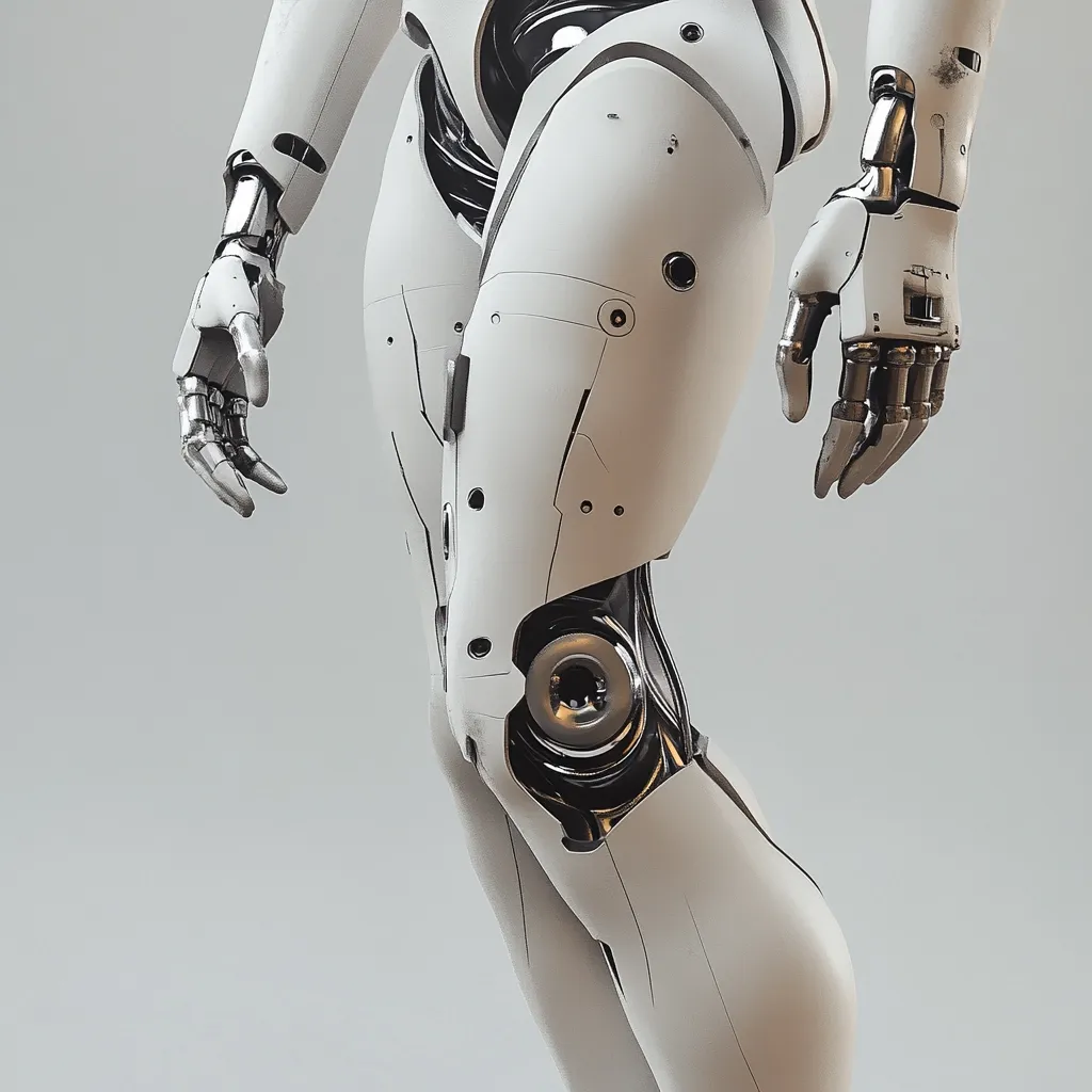 Close-up view of a humanoid robot's lower body, showcasing intricate details of its legs and knees. The robot is predominantly white with metallic accents, revealing complex mechanical joints and a visible internal mechanism at the knee.  The robotic hands are partially visible, displaying a similar level of detail and design. The overall aesthetic suggests a futuristic and advanced robotic design.