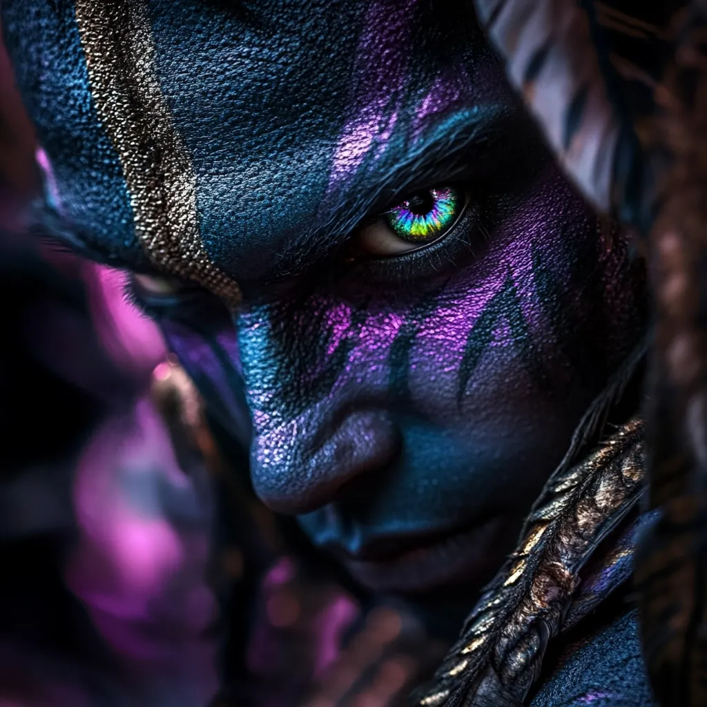 Close-up of a face intricately painted in shades of deep blue, purple, and gold.  The model's gaze is intense, directed towards the viewer, with a vibrant, iridescent green contact lens enhancing the otherworldly effect.  The texture of the paint suggests a scaly or leathery skin, giving an alien or fantasy creature-like appearance.  Dark, blurred background adds to the mysterious mood.