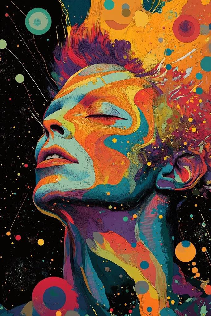 A vibrant, abstract portrait of a person's face and neck, rendered in swirling strokes of bright oranges, blues, purples, and yellows.  The style is reminiscent of psychedelic art, with the figure's hair blending into a cosmic background speckled with colorful dots and streaks. The eyes are closed, conveying a sense of peace or ecstasy. The overall effect is one of energy and intense emotion.