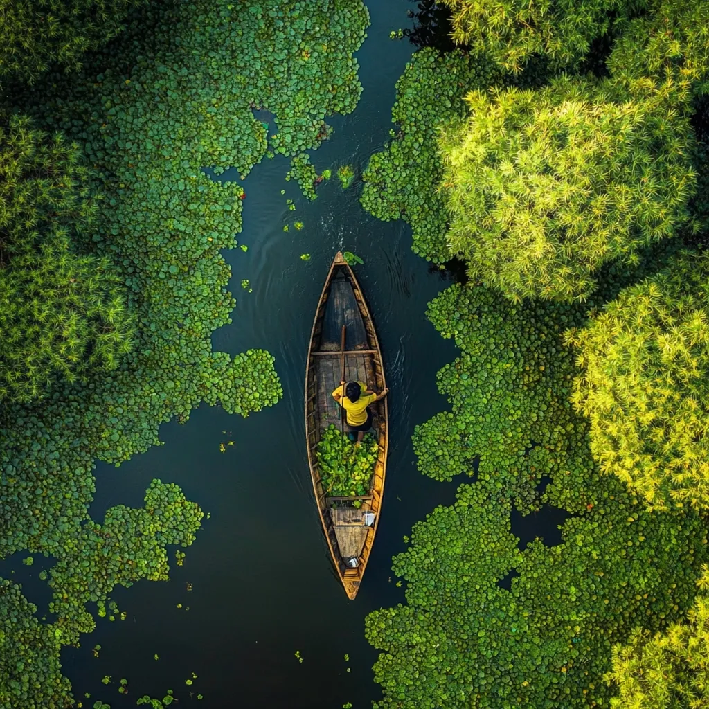 An aerial view captures a lone man in a wooden boat navigating a tranquil waterway densely covered with vibrant green water lilies.  The boat, centrally positioned, cuts through the lush aquatic vegetation, creating a striking contrast between the dark water and the bright greenery.  Lush green trees border the waterway, completing the serene and idyllic scene.