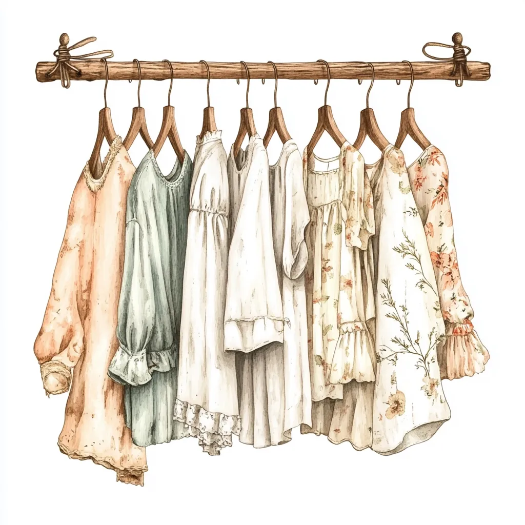 A watercolor illustration depicts a rustic wooden clothes rack holding seven garments.  The clothing features soft, muted tones of peach, sage green, and cream, with floral patterns on some pieces.  The style is delicate and feminine, suggesting a collection of blouses and dresses hanging neatly in a closet or boutique.  The overall aesthetic is charming and reminiscent of vintage clothing.