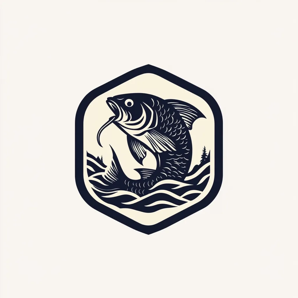 A stylized logo features a leaping fish, depicted in a dark blue monochrome against a cream-colored hexagon.  The fish is detailed, with scales and fins clearly visible, jumping from wavy water.  A simple tree line is visible in the background, adding a touch of nature to the design. The logo is ideal for a fishing-related business or brand.