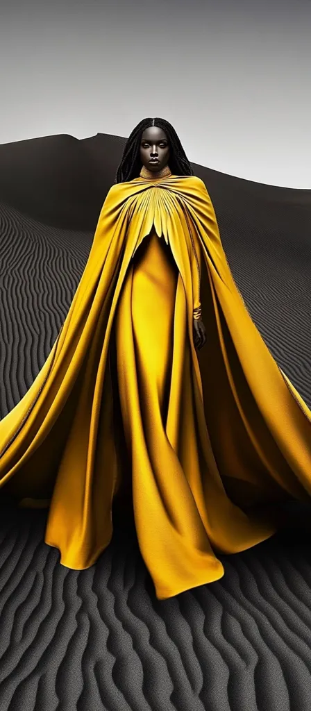 A Black woman with long dark hair models a flowing golden yellow gown and cape.  The fabric drapes dramatically around her, contrasting sharply against the dark, textured sand dunes in the background.  The image is striking in its simplicity and elegance, emphasizing the texture of both the clothing and the landscape. The model's pose is poised and regal.
