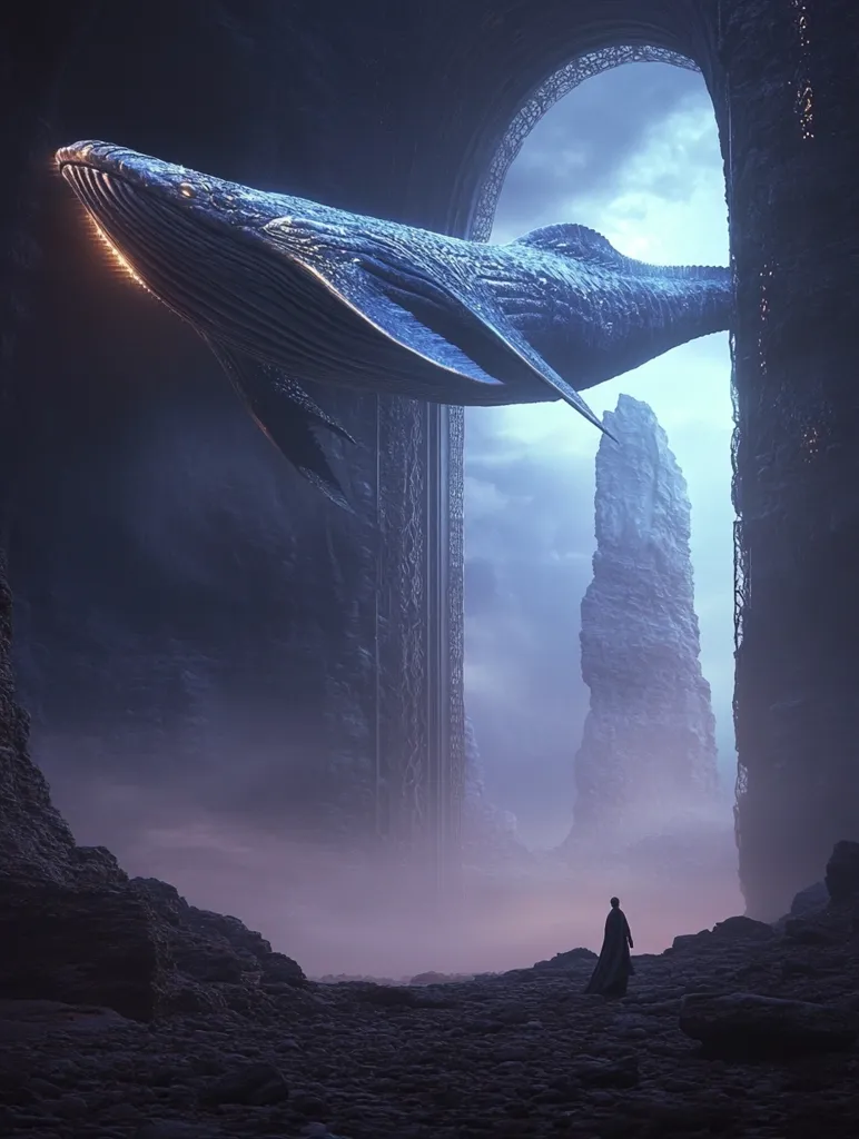 A colossal, metallic whale floats serenely within a massive, ornate archway.  The scene is ethereal and otherworldly, bathed in a soft, purple-hued mist.  A lone figure in dark robes stands in the foreground, dwarfed by the scale of the whale and the ancient architecture.  Jagged, dark rocks and towering stone formations fill the desolate landscape, adding to the mystical and surreal atmosphere.