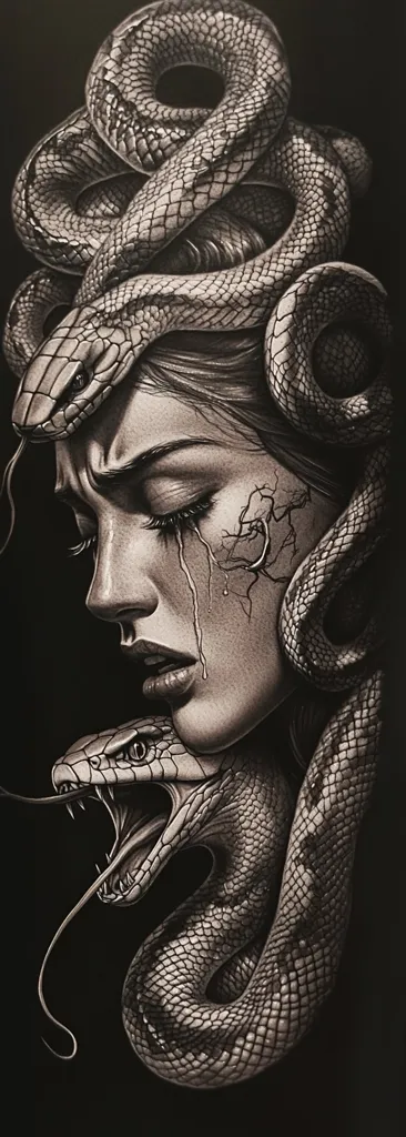 A monochrome illustration depicts a woman's face, partially obscured by intricately detailed snakes.  The snakes, rendered with a textured scale pattern, coil around her head and neck.  Her expression is one of sorrow, with tears streaming down her face, creating a dramatic and melancholic scene.  The artwork's style suggests a blend of realism and dark fantasy, evoking a sense of myth and tragedy.
