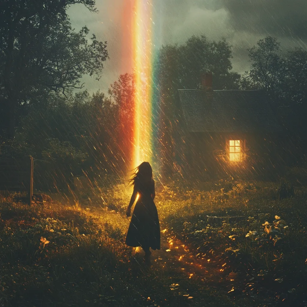 A silhouetted woman walks towards a small, illuminated house during a rainstorm. A vibrant, vertical rainbow beam descends from the heavens, illuminating her path. The scene is dark and mysterious, evoking a sense of wonder and perhaps a journey to an unknown destination.  The overall atmosphere is moody and evocative.