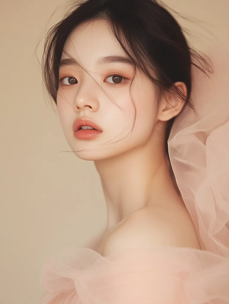 Close-up portrait of a young woman with dark hair pulled back, showcasing her delicate features and flawless complexion.  She's wearing a sheer, blush-pink fabric draped around her shoulders, creating a soft, ethereal look.  The lighting is soft and diffused, enhancing her natural beauty. The overall mood is serene and elegant.