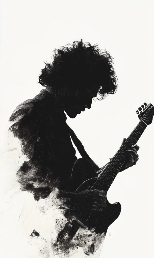 A monochromatic artwork depicts a silhouetted figure, possibly a musician, engrossed in playing an electric guitar. The artist's style is expressive, using bold strokes of black paint on a white background to create a dynamic and energetic composition. The figure's curly hair and focused posture convey a sense of passion and immersion in the music. The overall effect is striking and evocative, capturing the raw emotion of musical performance.