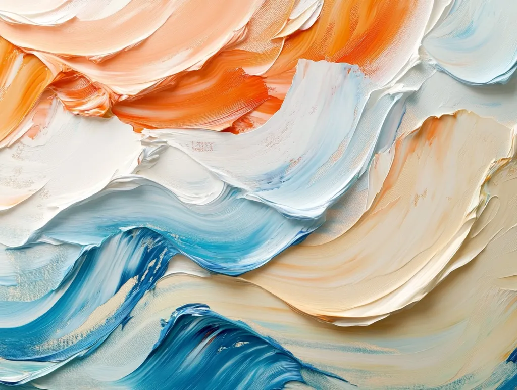 An abstract painting showcases a dynamic interplay of colors and textures.  Thick, impasto brushstrokes create a wave-like effect, transitioning smoothly from warm oranges and peaches to cool blues and whites.  The artist's technique emphasizes the movement and fluidity of the paint, resulting in a visually captivating and textural piece.