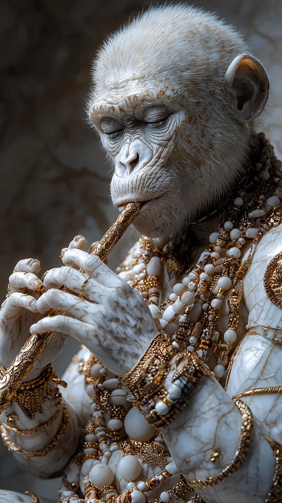 A digitally created image depicts a white chimpanzee, adorned in opulent gold and pearl jewelry, delicately playing a gold flute.  Its eyes are closed, suggesting serenity and concentration. The chimpanzee's marble-like skin contrasts with the gleaming gold, creating a striking visual effect. The overall mood is one of peaceful elegance and otherworldly beauty.