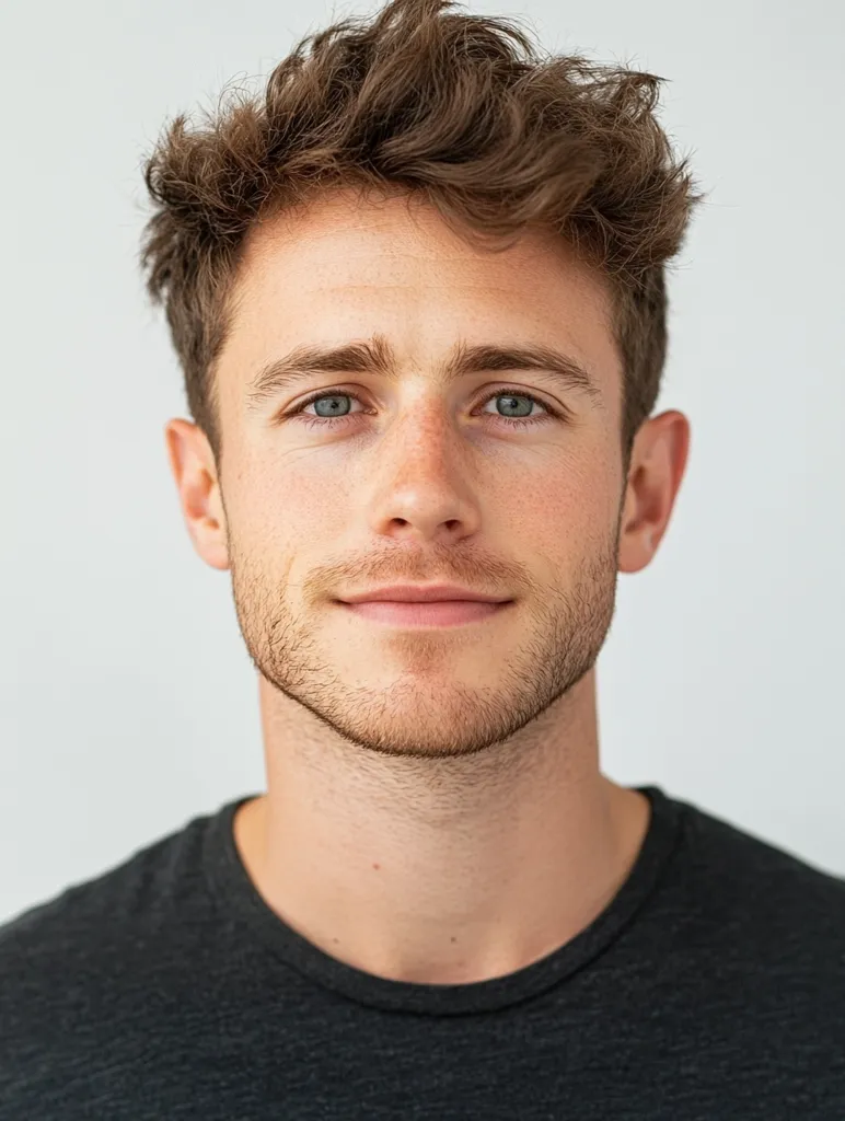 A young man with light skin and short, light brown, slightly tousled hair stares directly at the camera.  He has light blue eyes and a small, neatly trimmed beard.  He wears a dark gray crew neck t-shirt.  The background is a plain, off-white. His expression is neutral and pleasant.