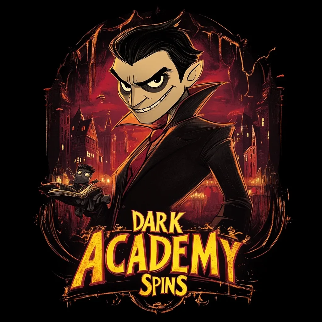 A stylized illustration for "Dark Academy Spins" features a sinister-looking, dark-haired young man in a dark suit, a mischievous grin on his face. He holds a small, shadowy figure reading a book.  The background is a fiery, ominous cityscape of gothic architecture at night. The title is prominently displayed in stylized, golden lettering. The overall tone is dark fantasy.