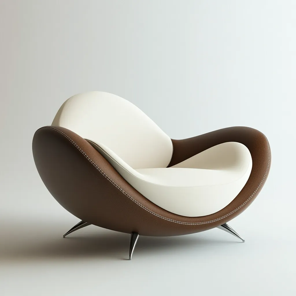 A modern armchair with a unique, organic design is showcased.  The chair features a two-toned design, with a creamy off-white cushion nestled within a rich brown leather shell.  The shell's smooth curves and subtle stitching create a luxurious feel, while sleek metallic legs provide a contemporary finish.  The overall aesthetic is one of sophisticated comfort and minimalist elegance.