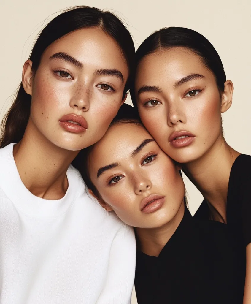 Three young women with similar features and dark hair are closely positioned, creating an intimate and visually appealing composition.  Two are positioned slightly behind a central figure, their heads resting on her shoulders.  All three women have minimal makeup, enhancing their natural beauty. The image is clean and simple, with a soft, neutral background.