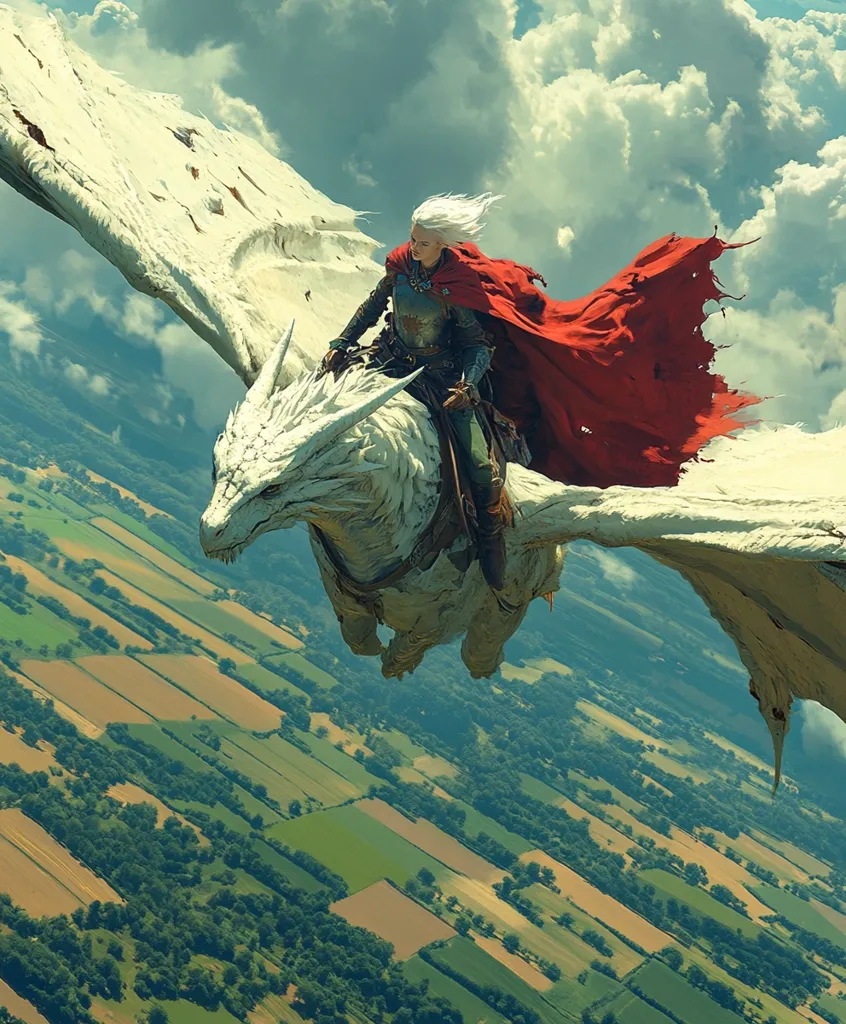 A knight in shining armor, cloaked in red, confidently rides a majestic white dragon.  They soar high above a patchwork landscape of verdant fields and forests, a breathtaking scene under a dramatic sky. The dragon's wings stretch wide, filling much of the frame.  The overall image is one of fantasy and adventure.