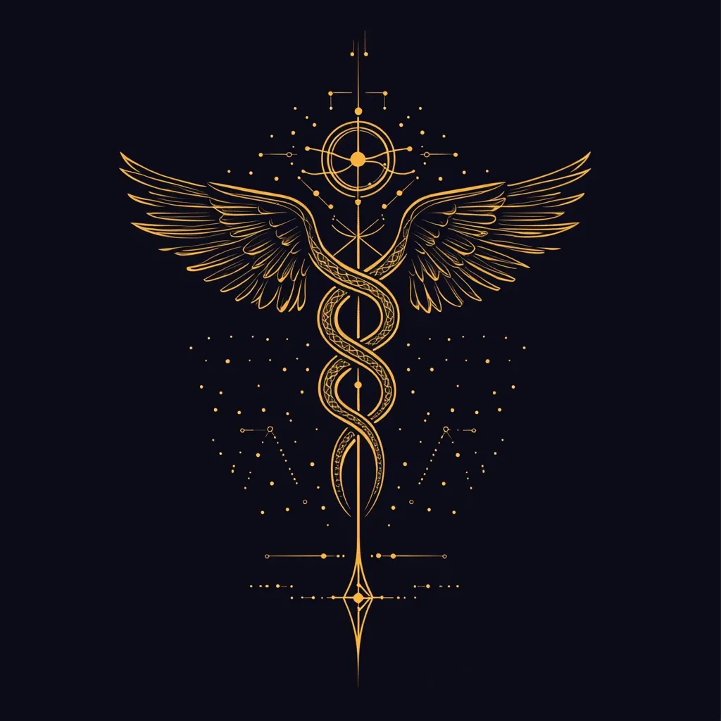 A golden Caduceus, the symbol of medicine, is depicted against a dark background.  The entwined snakes are adorned with wings, and the design incorporates geometric patterns and constellations, creating a mystical and elegant aesthetic.  The overall style is intricate and symbolic, hinting at healing and spirituality.