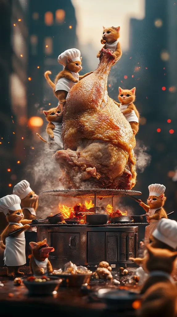 Adorable orange kittens, dressed as chefs, prepare a roasted turkey leg over an open fire.  They are surrounded by cooking equipment and bowls of food. The scene is whimsical and expertly rendered, creating a charming and humorous image of feline culinary mastery.  The warm lighting and smoky atmosphere enhance the overall festive mood.