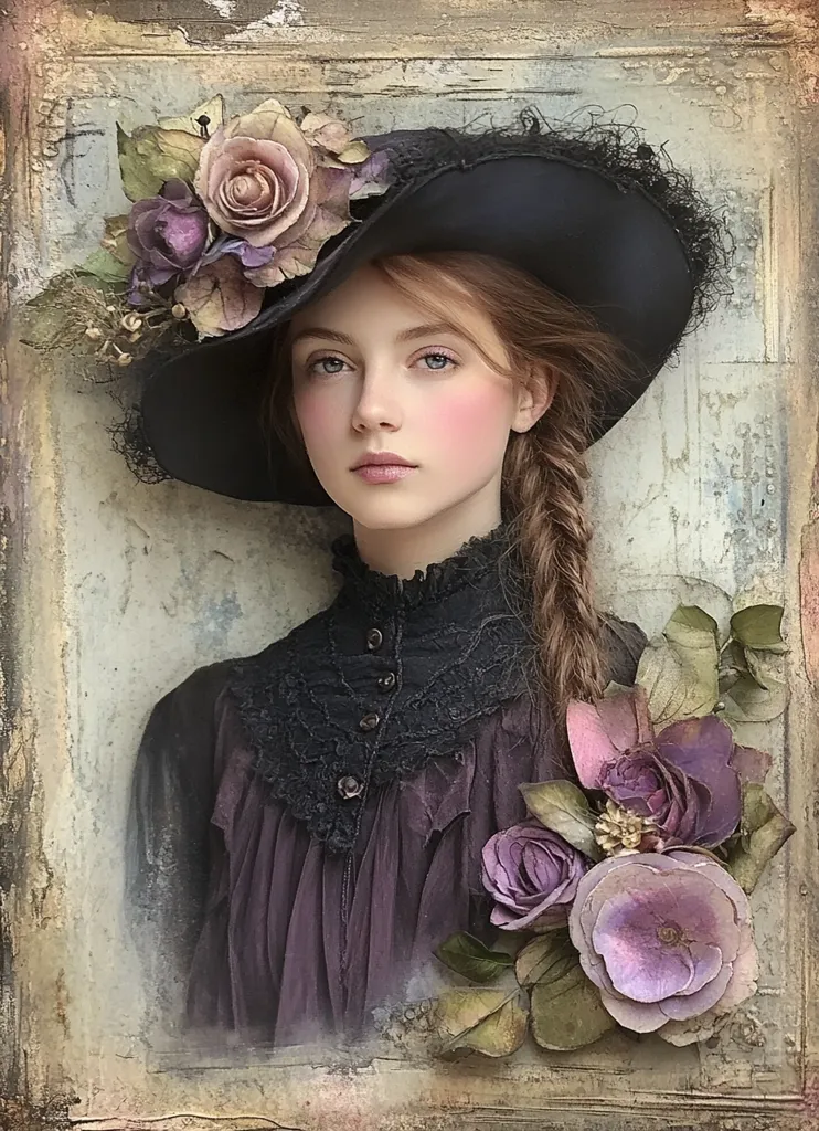 A young woman with fair skin and reddish-brown hair styled in a braid is the focal point of this vintage-inspired portrait. She wears a dark hat adorned with delicate flowers and a dark purple dress with black lace detailing. The image is framed with an aged, textured border and incorporates additional floral elements around her, creating a romantic and nostalgic mood.  The overall aesthetic is reminiscent of 19th-century portraiture.
