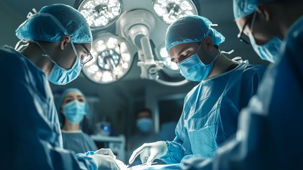 A surgical team, clad in sterile blue scrubs and masks, performs a procedure under bright operating lights.  The focus is on the central surgeon, meticulously working, while other medical professionals assist.  The atmosphere is serious and intense, reflecting the critical nature of the operation. A partially visible nurse is in the background.