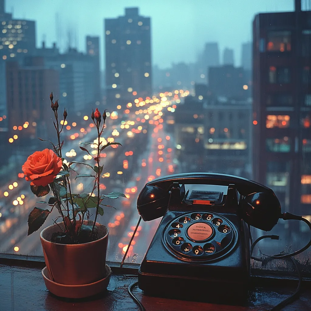 A single red rose in a terracotta pot sits on a windowsill, overlooking a city at dusk.  The city lights blur in the background, creating a bokeh effect. A vintage rotary telephone rests beside the plant, adding a nostalgic touch to the scene. Rain streaks are visible on the windowpane, enhancing the atmospheric mood. The overall feeling is one of quiet contemplation and urban beauty.