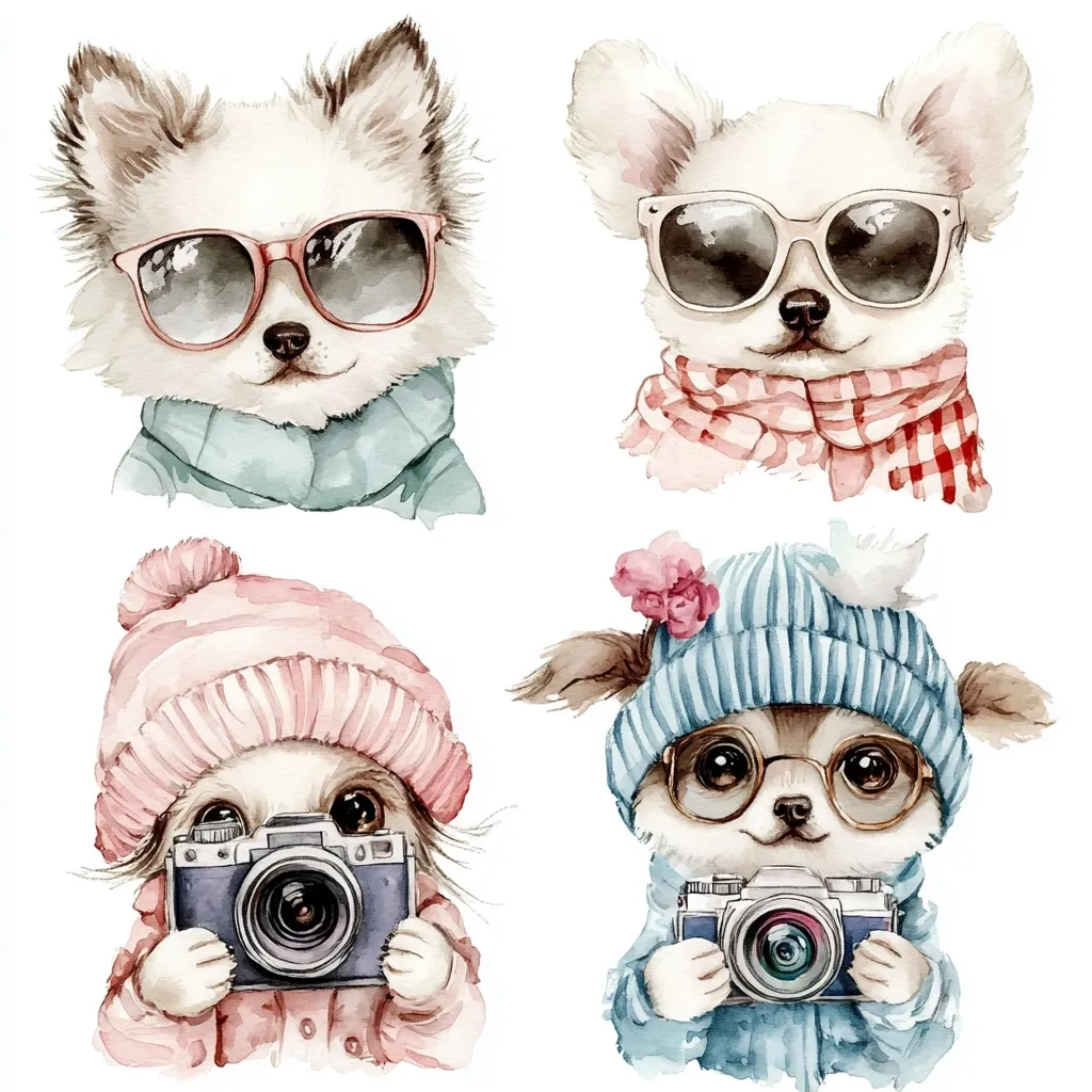 Four adorable watercolor illustrations of stylish dogs.  Two wear sunglasses and scarves; one in a pink hat holds a vintage camera; the other, in a blue hat and glasses, also holds a camera.  All are depicted in a charming, whimsical style, perfect for a children's book or print.  The images are set against a clean white background.