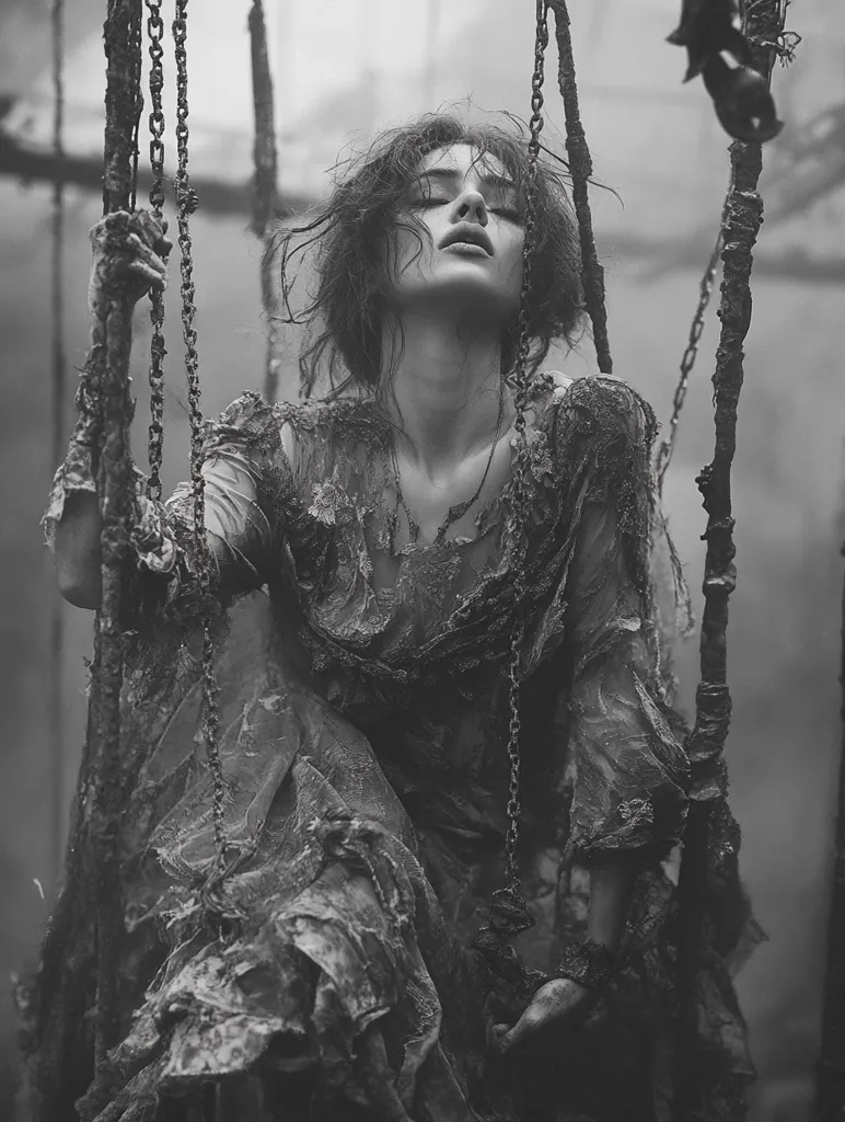 A monochrome image portrays a woman, seemingly ethereal, suspended from chains.  Her eyes are closed, and her expression is serene yet melancholic. She's clad in a tattered, dark gown, which appears weathered and aged, mirroring the rusty chains and decaying structure around her. The overall atmosphere is gothic and evocative of mystery and sorrow.