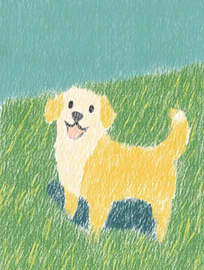 A cheerful, yellow-toned dog stands in a field of green grass against a teal sky.  The illustration is done in a crayon or pastel style, giving it a soft, textured appearance. The dog's happy expression and the bright colors create a joyful and whimsical scene.  The style suggests childlike simplicity and charm.