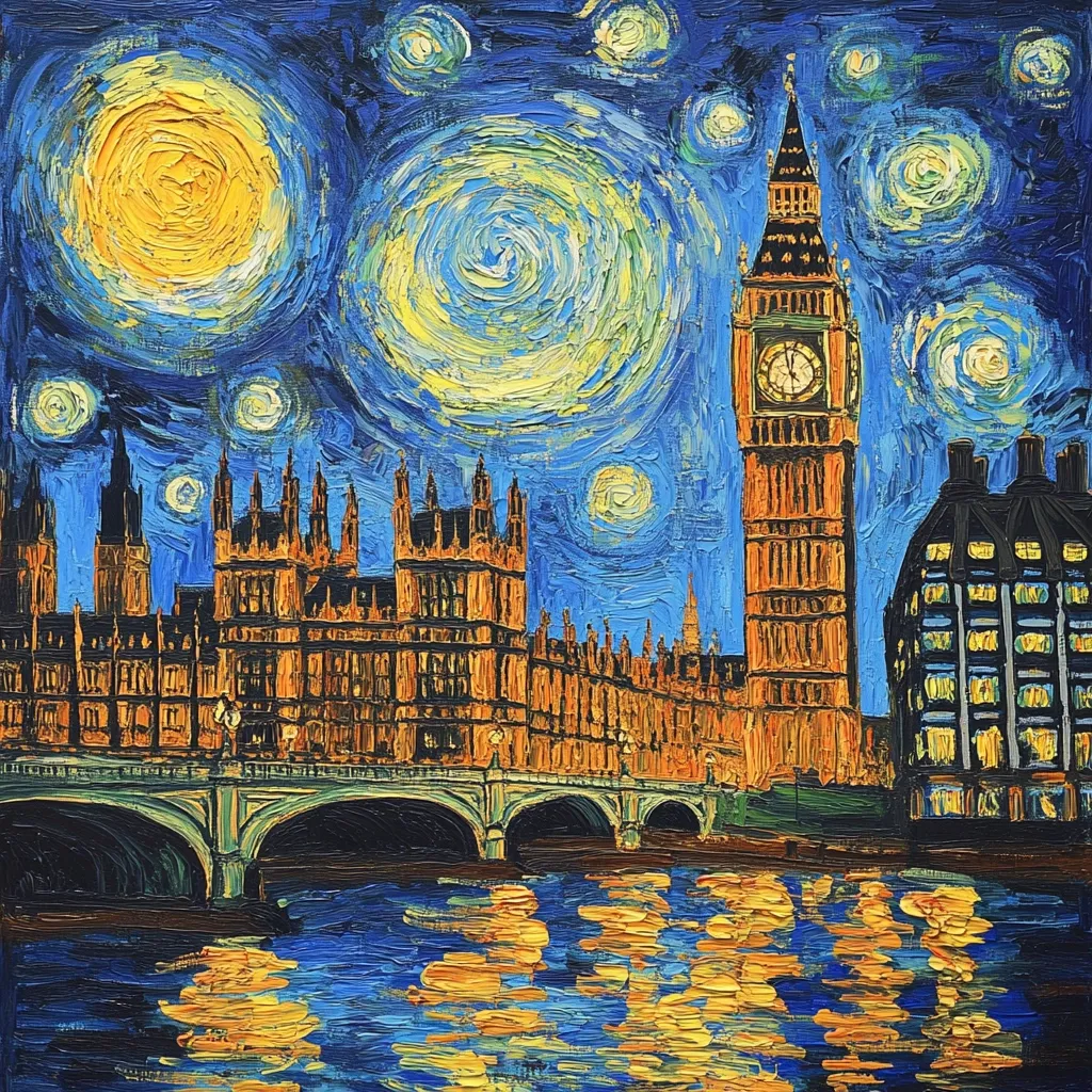 A vibrant painting in the style of Van Gogh depicts the Houses of Parliament and Big Ben in London at night.  The swirling brushstrokes and bright yellow stars create a starry night sky above the iconic landmarks. The Thames River reflects the city lights, adding to the painting's dramatic and colorful composition.  Thick impasto texture is prominent throughout.