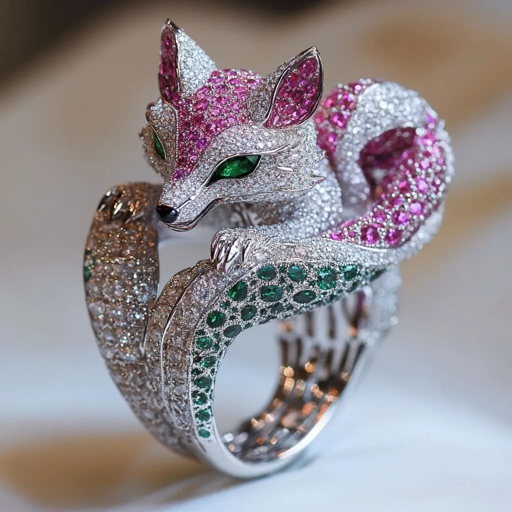 A stunning ring features a meticulously crafted fox design.  The fox's body is encrusted with brilliant diamonds, while pink sapphires adorn its head and tail, and emeralds accentuate its lower body. The intricate detailing showcases exceptional craftsmanship, creating a luxurious and eye-catching piece of jewelry.  The ring's band is elegantly designed to complement the fox motif.