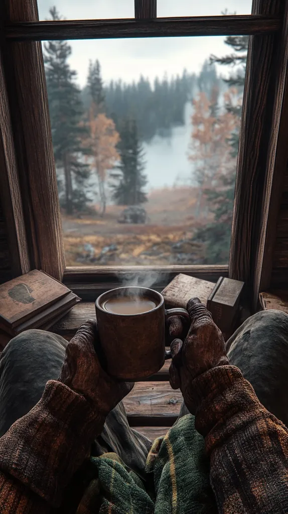 A person sits bundled in warm clothing by a rustic wooden window, a steaming mug clutched in their gloved hands.  The view outside is a misty autumnal landscape, showcasing a tranquil lake nestled amidst a dense forest of evergreens and muted fall colors.  The overall mood is one of peaceful solitude and quiet contemplation.