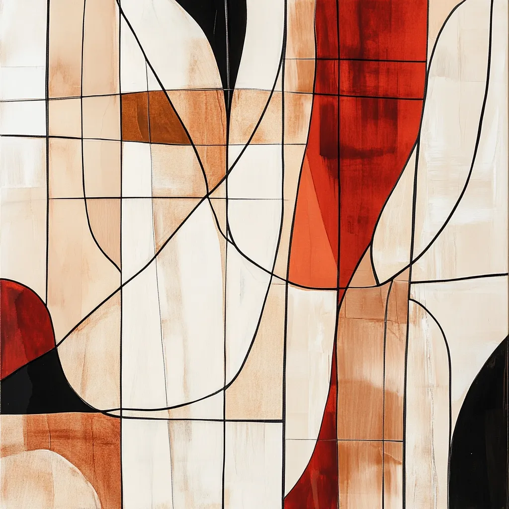 An abstract painting dominated by a grid-like structure.  Warm earth tones of beige, brown, and red are used, with areas of deep crimson contrasting against lighter off-whites. Black lines create a geometric framework, overlaid with flowing, organic shapes that break the strict grid. The painting suggests a sense of movement and interplay between structured form and free-flowing expression.